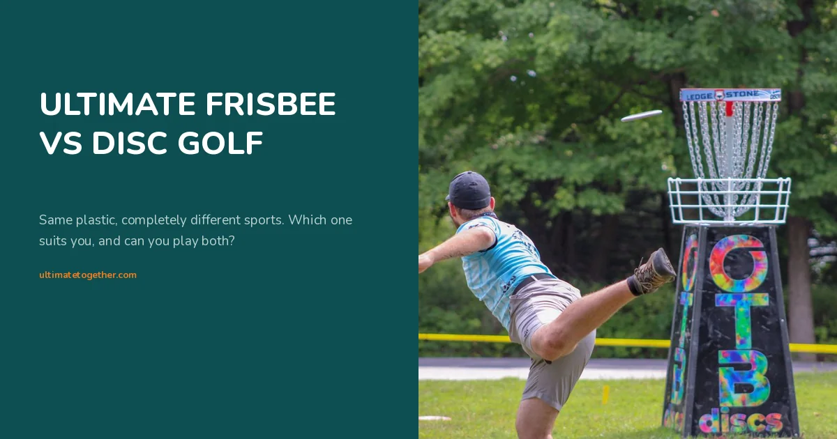 Ultimate frisbee versus disc golf - a disc golf player throwing towards a basket