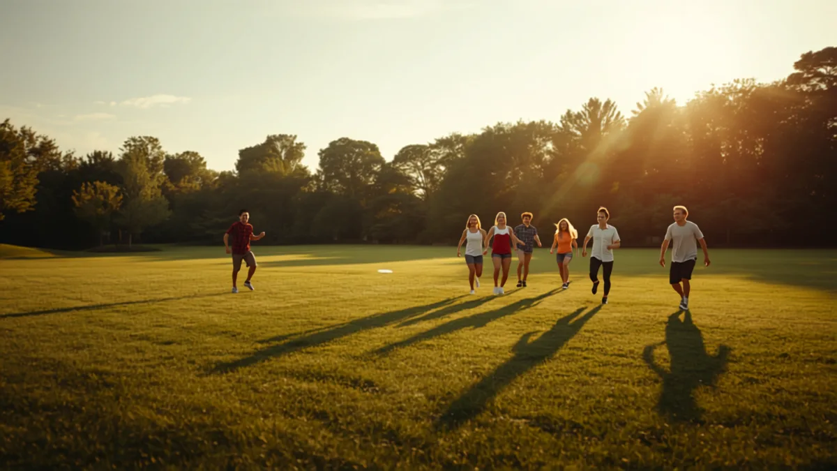 Adults playing pickup ultimate frisbee on an open grass field in golden evening light, one player throwing a disc to a group jogging toward it