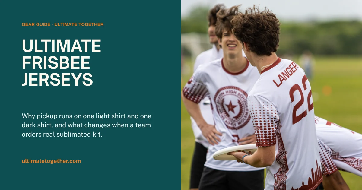 Ultimate frisbee players in matching sublimated jerseys during an outdoor game